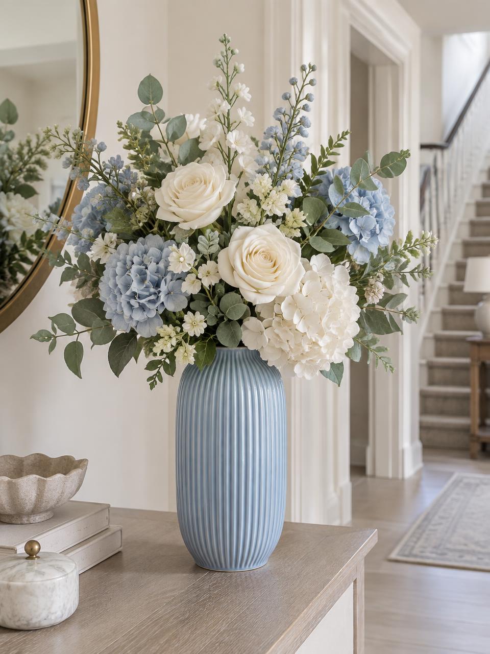 Bespoke blue and cream artificial floral arrangement